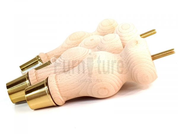 4 Turned Wooden Furniture Leg Brass Slipper Cup Raw Wood Bun Feet M8 160mm High - Image 6
