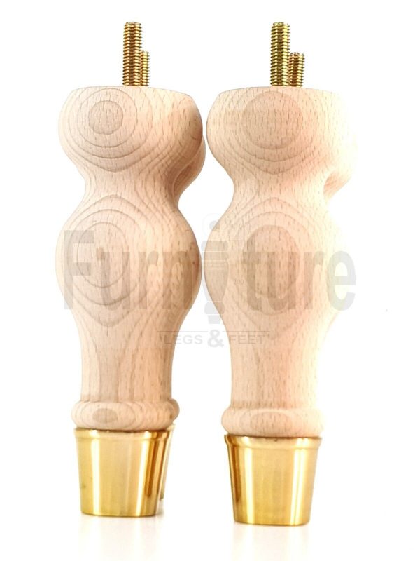 4 Turned Wooden Furniture Leg Brass Slipper Cup Raw Wood Bun Feet M8 160mm High - Image 7