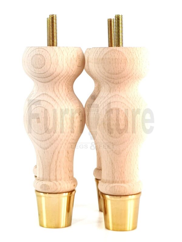 4 Turned Wooden Furniture Leg Brass Slipper Cup Raw Wood Bun Feet M8 160mm High - Image 9