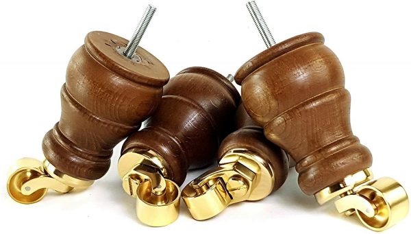 4 Wooden Brass Castor Furniture Legs Dark Oak Stain Feet Settes Chair Sofa Footstool M8