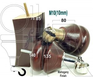 4 WOODEN FURNITURE LEGS M10 REPLACEMENT FEET 2 WITH CASTORS 140mm HIGH MAHOGANY