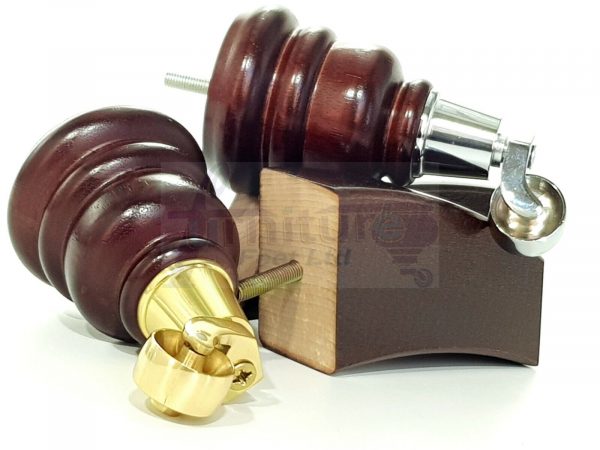 4 WOODEN FURNITURE LEGS M10 REPLACEMENT FEET 2 WITH CASTORS 155mm HIGH MAHOGANY - Image 5