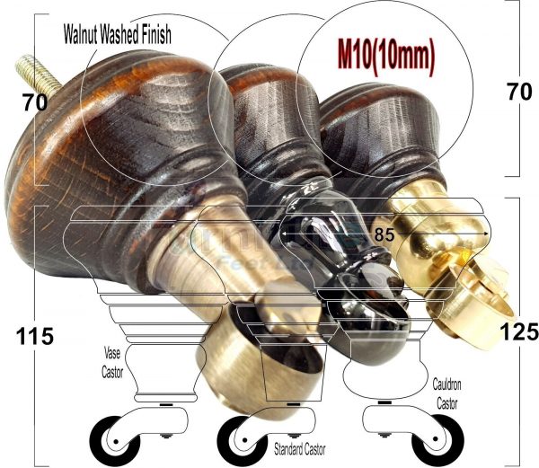 4 Wooden Furniture Sofa Legs M8 Replacment Chair Feet & Castors 120mm High - Image 2