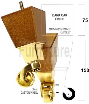 4x Block Wood With Brass Castor Furniture Chair Settee Legs M8 Sofa Feet 150mm
