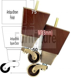 4x Block Wood With Brass Castor Furniture Chair Settee Legs M8 Sofa Feet 150mm