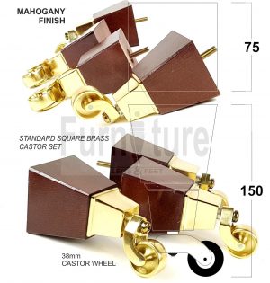 4x Block Wood With Brass Castor Furniture Chair Settee Legs M8 Sofa Feet 150mm