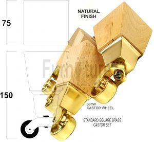 4x Block Wood With Brass Castor Furniture Chair Settee Legs M8 Sofa Feet 150mm