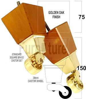 4x Block Wood With Brass Castor Furniture Chair Settee Legs M8 Sofa Feet 150mm