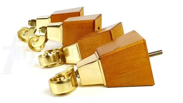 4x Block Wood With Brass Castor Furniture Chair Settee Legs M8 Sofa Feet 150mm - Image 3