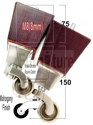 4x Block Wood With Chrome Castor Furniture Chair Settee Legs M8 Sofa Feet 150mm