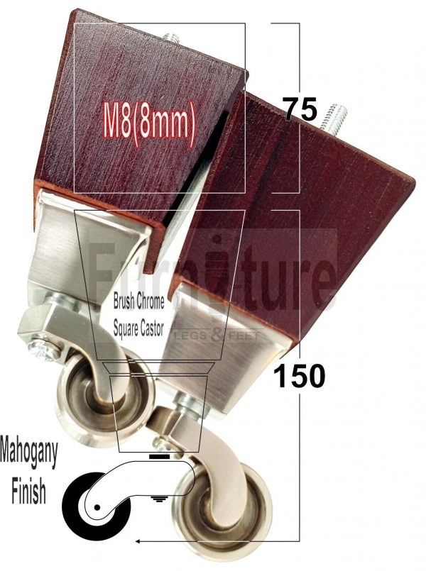 4x Block Wood With Chrome Castor Furniture Chair Settee Legs M8 Sofa Feet 150mm