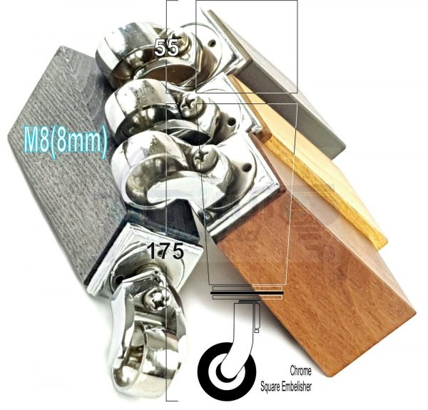 4x CHROME CASTOR LEGS 175mm High CHAIR REPLACEMENT SETTEE FURNITURE FEET M8(8mm)