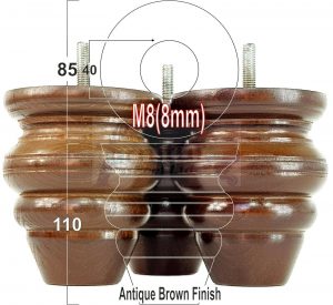 4x Replacment Solid Wood Turned Leg Bun Feet 110mm High Antique Brown M8