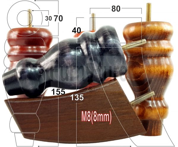 4x Replacement Wood Furniture Sofa Legs M8 Chair, Couch Settee Feet 155mm High