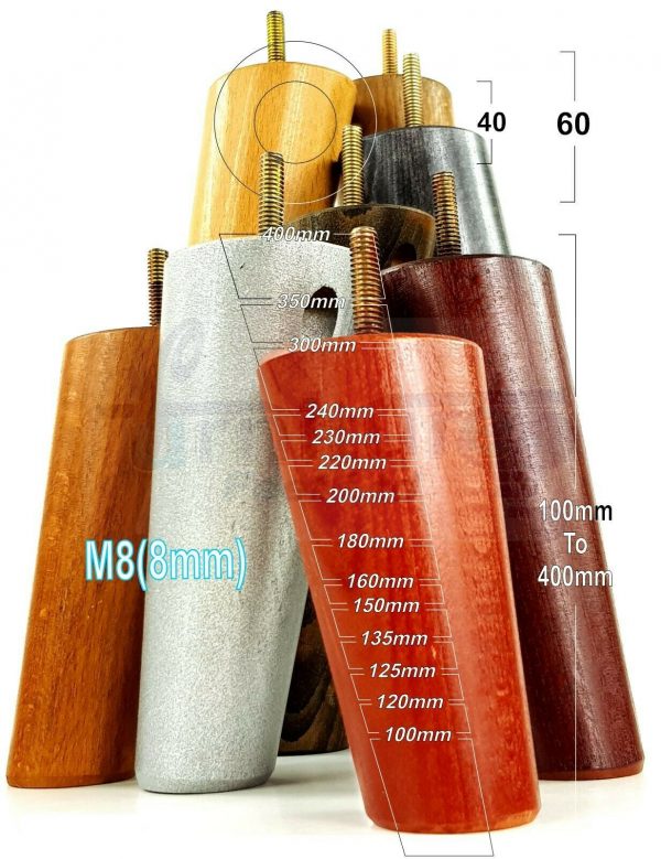 4x SOLID WOOD ANGLED SETTEE LEGS 220mm High FURNITURE REPLACEMENT FEET M8(8mm) - Image 9