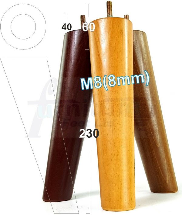 4x SOLID WOOD ANGLED SETTEE LEGS 230mm High FURNITURE REPLACEMENT FEET M8(8mm)