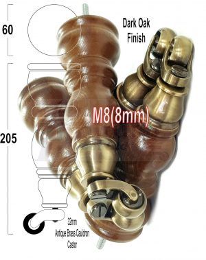 4x SOLID WOOD BRASS CASTOR FURNITURE CHAIR LEGS M8(8mm) SOFA FEET 205mm HIGH