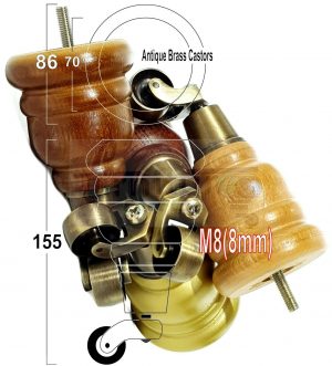 4x SOLID WOOD FURNITURE LEGS M8 REPLACEMENT ANTIQUE BRASS CASTOR FEET 155mm HIGH