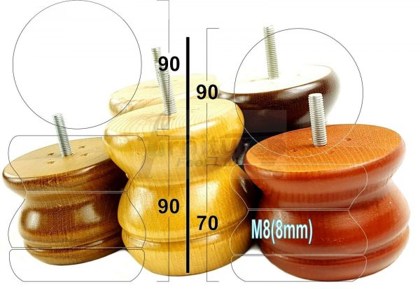 4x SOLID WOODEN FURNITURE LEGS M8(8mm) CHAIR REPLACEMENT BUN FEET 90mm HIGH - Image 4