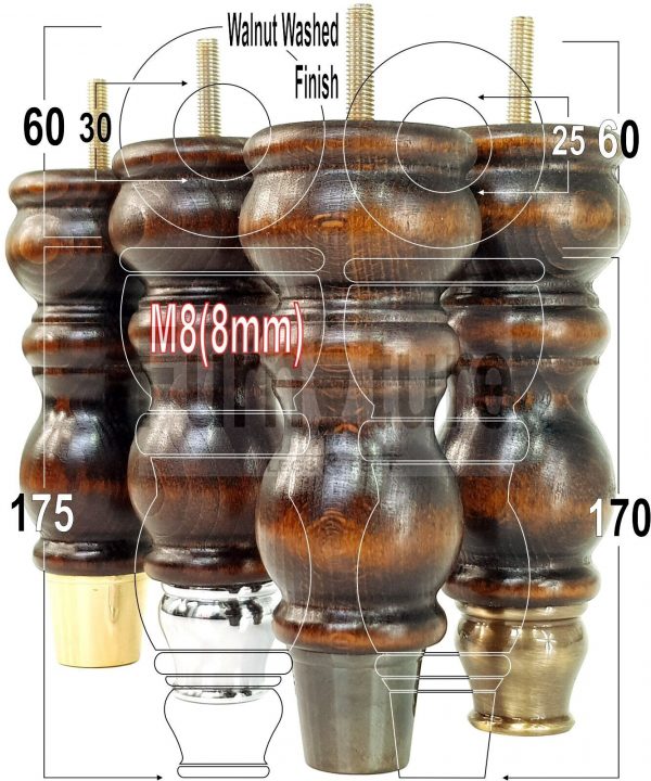 4x Slipper Cup Turned Wood Furniture Legs M8 Replacement Chair Feet Couch 175mm