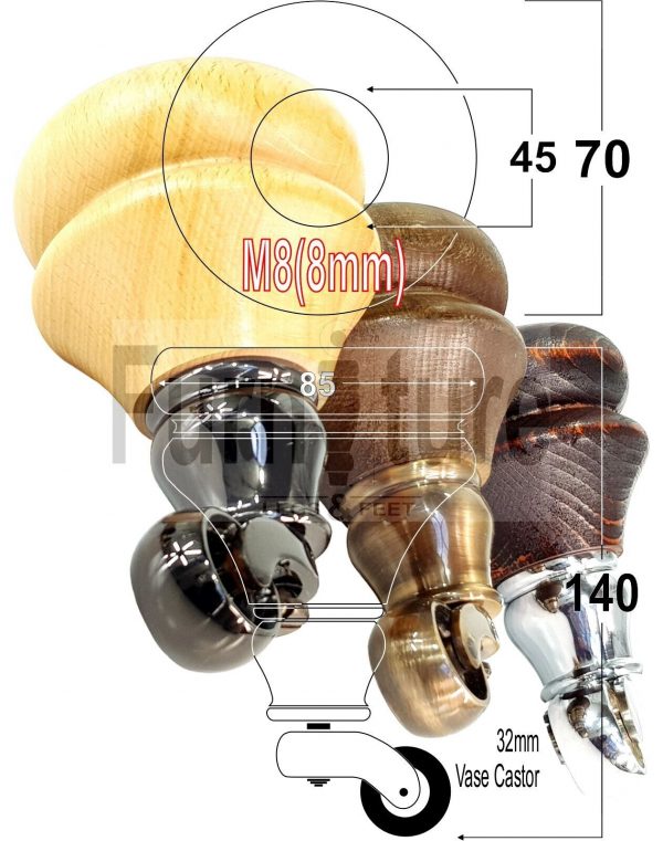 4x Solid Wood Castor Feet M8 Replacement Settee Chair Legs Footstools Sofa 140mm - Image 11