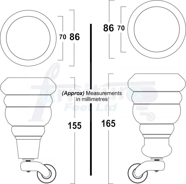 4x TURNED WOODEN CASTOR LEGS 165mm High CHAIR REPLACEMENT FURNITURE FEET M8(8mm) - Image 2