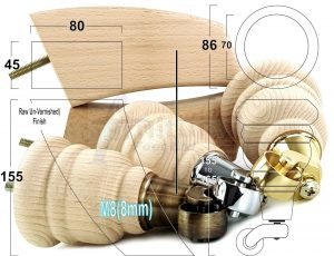 4x TURNED WOODEN CASTOR LEGS 165mm High CHAIR REPLACEMENT FURNITURE FEET M8(8mm)