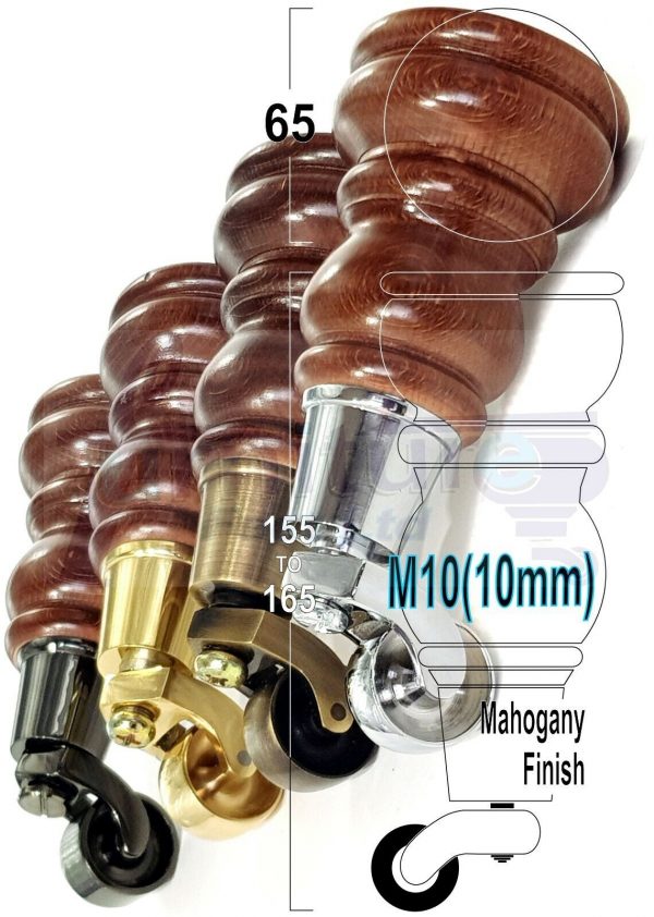 4x TURNED WOODEN CASTOR LEGS 165mm High REPLACEMENT FURNITURE FEET M10(10mm)