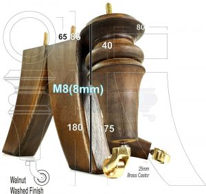4x TURNED WOODEN CASTOR LEGS 180mm High CHAIR REPLACEMENT FURNITURE FEET M8(8mm)