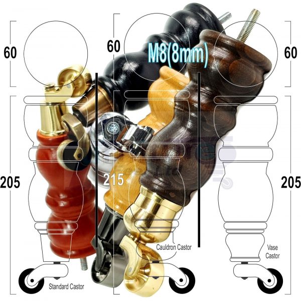 4x Turned Wooden Castor Legs 215mm High Chair Replacement Furniture Feet M8(8mm) - Image 11