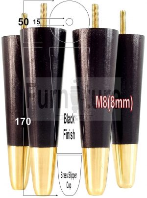 4x Turned M8 Wood Furniture Chair Sofa, Settee Legs Feet Brass Slipper Cup 170mm