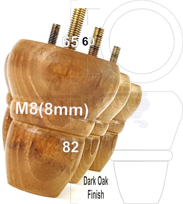 4x Turned Wood Dark Oak Repacement Furniture Legs M8 Sofa Chair Settee Feet 82mm