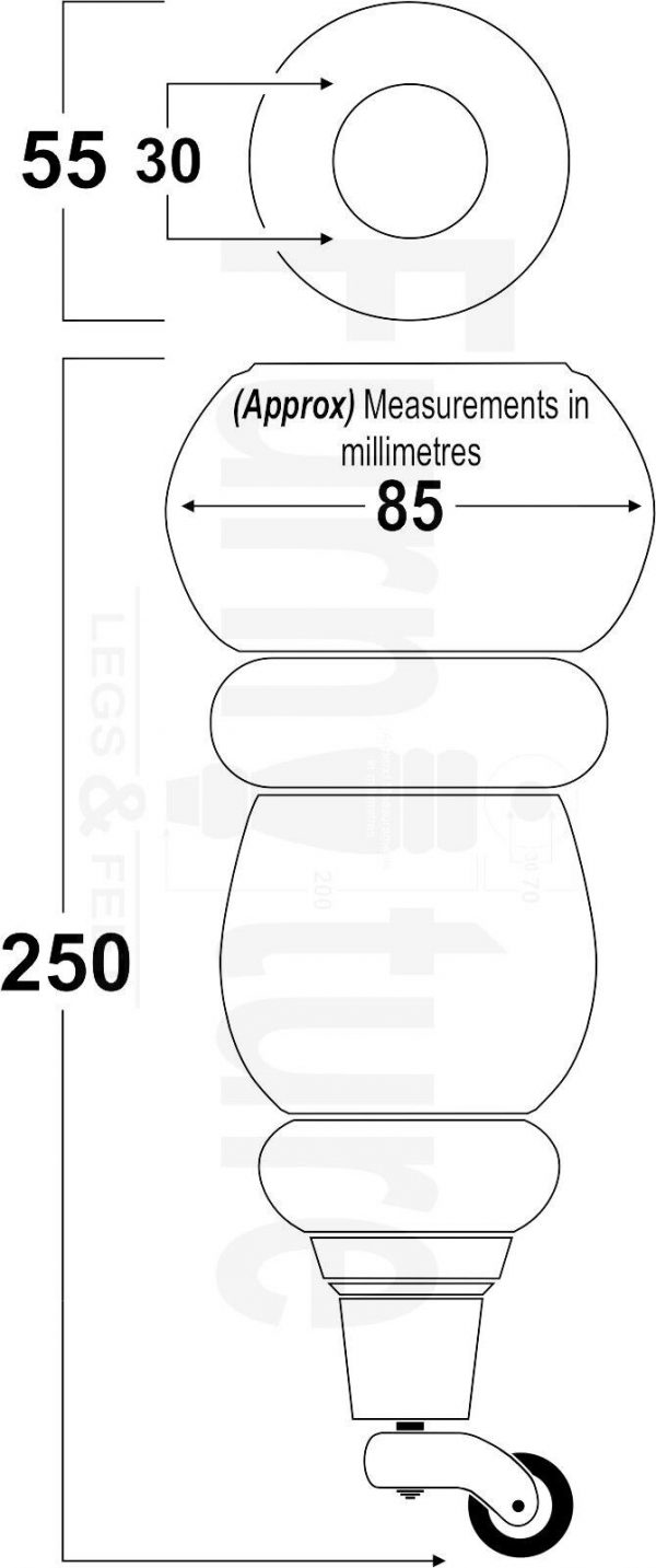 4x Turned Wood Furniture Castor Leg M8 Replacement Feet Chairs Stools Sofa 250mm - Image 2