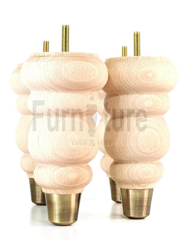 4x Turned Wood Furniture Feet Brass Slipper Cup M8 Chair Sofa Settee Legs 165mm - Image 4