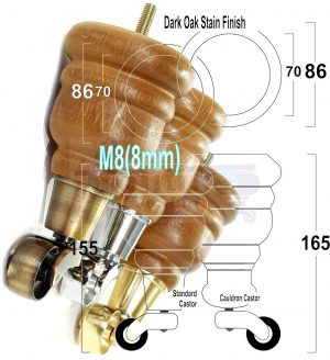 4x Turned Wood Furniture Sofa Legs M8 Replacement Feet With Castors 155mm High