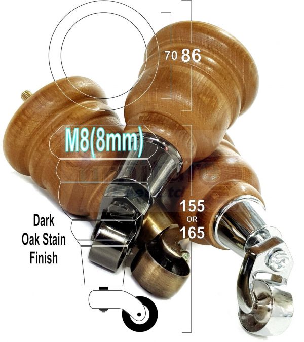 4x Turned Wood Furniture Sofa Legs M8 Replacement Feet With Castors 155mm High - Image 8