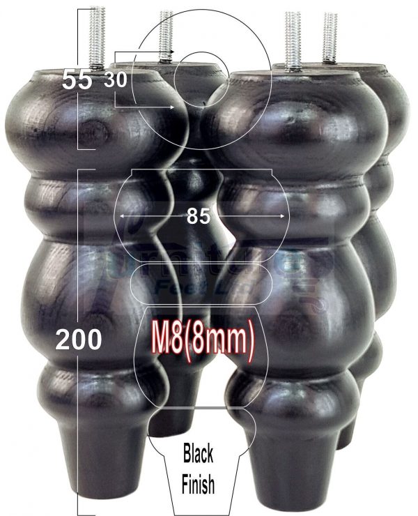 4x Turned Wood Repacement Furniture Legs Black M8 Sofa Chair Settee Feet 200mm