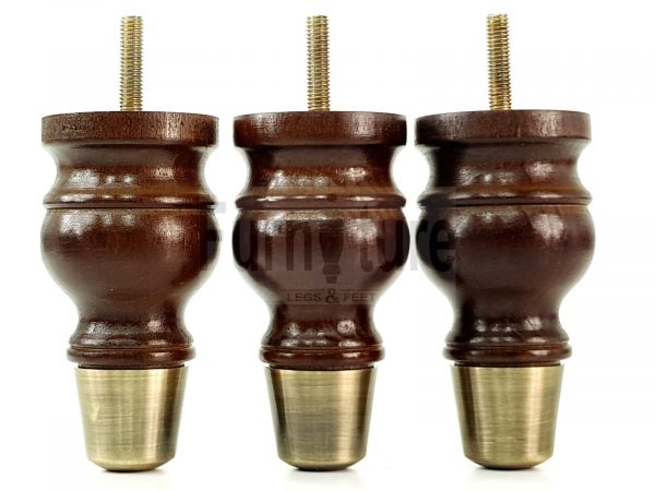 4x Turned Wooden Furniture Leg Brass Slipper Cup Sofa, Chair Feet 110mm High M8