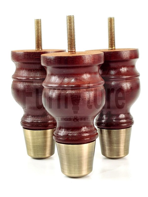 4x Turned Wooden Furniture Leg Brass Slipper Cup Sofa, Chair Feet 110mm High M8 - Image 5