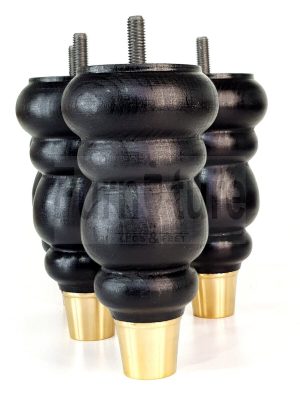 4x Turned Wooden Furniture Leg Brass Slipper Cup Sofa, Chair Feet 160mm High M8