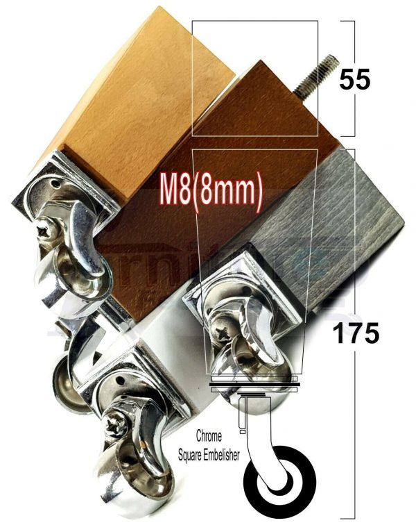 4x Wooden Square Furniture Chair Legs M8(8mm) Replacement Sofa Castor Feet 175mm 7 Inch High - Image 7