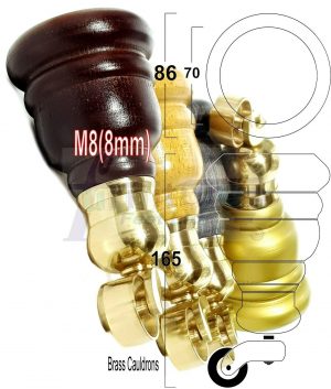 4x WOOD FURNITURE LEGS M8 REPLACEMENT BRASS CAULDRON CASTOR FEET 165mm HIGH