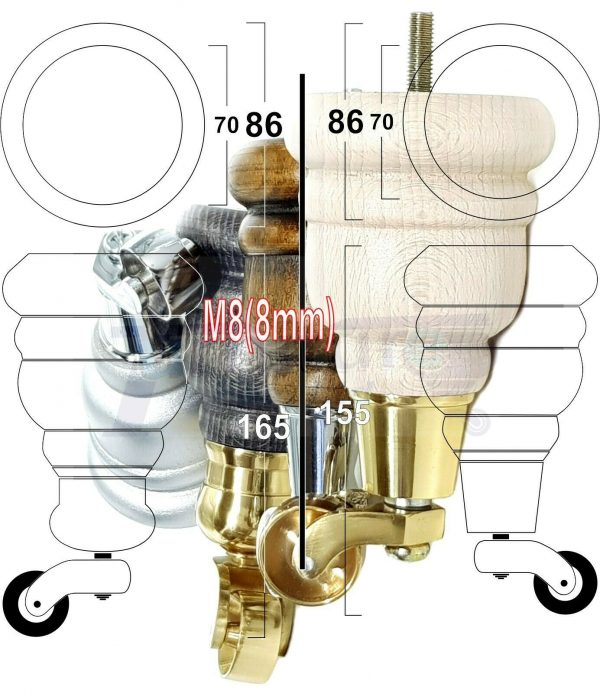 4x WOOD FURNITURE LEGS M8 REPLACEMENT BRASS CAULDRON CASTOR FEET 165mm HIGH - Image 11