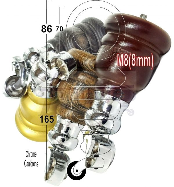 4x WOOD FURNITURE LEGS M8 REPLACEMENT CHROME CAULDRON CASTOR FEET 165mm HIGH
