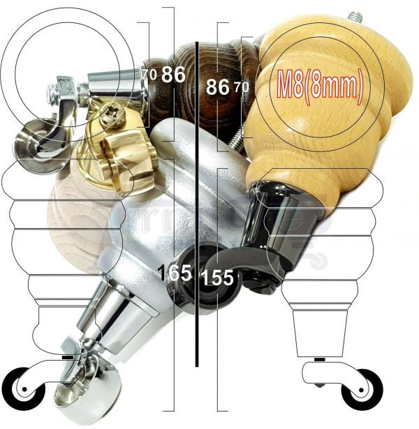 4x WOOD FURNITURE LEGS M8 REPLACEMENT CHROME CAULDRON CASTOR FEET 165mm HIGH - Image 8