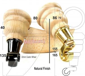 4x WOOD FURNITURE SOFA LEGS M8 REPLACEMENT CHAIR FEET 2 WITH CASTORS 165mm HIGH