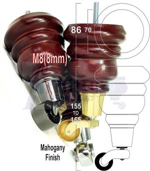 4x WOOD FURNITURE SOFA LEGS M8 REPLACEMENT CHAIR FEET WITH CASTORS 165mm HIGH