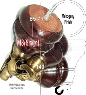 4x WOOD MAHOGANY BRASS CASTOR FURNITURE CHAIR LEGS M8(8mm) SOFA FEET 140mm HIGH