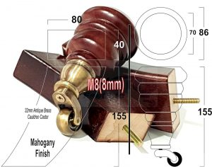 4x WOOD MAHOGANY BRASS CASTOR FURNITURE CHAIR LEGS M8(8mm) SOFA FEET 155mm HIGH