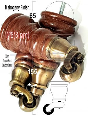 4x WOOD MAHOGANY BRASS CASTOR FURNITURE CHAIR LEGS M8(8mm) SOFA FEET 155mm HIGH